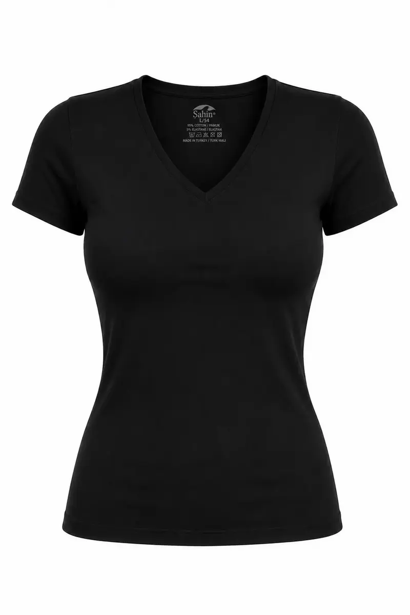 Şahin Kadın 3'lü Paket Kısa Kollu Likralı V Yaka T-Shirt — Siyah